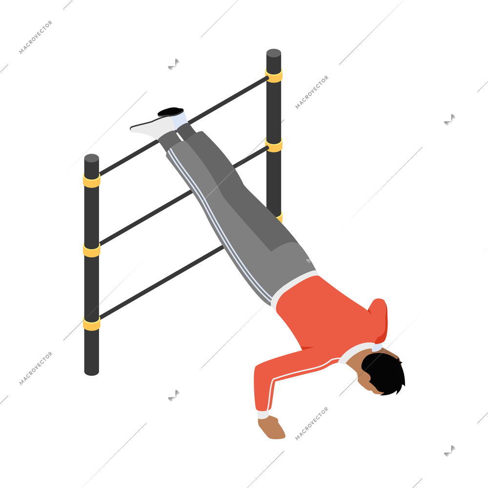 Street workout isometric composition with human character performing warm up exercise on sports equipment vector illustration