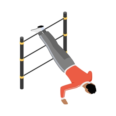 Street workout isometric composition with human character performing warm up exercise on sports equipment vector illustration