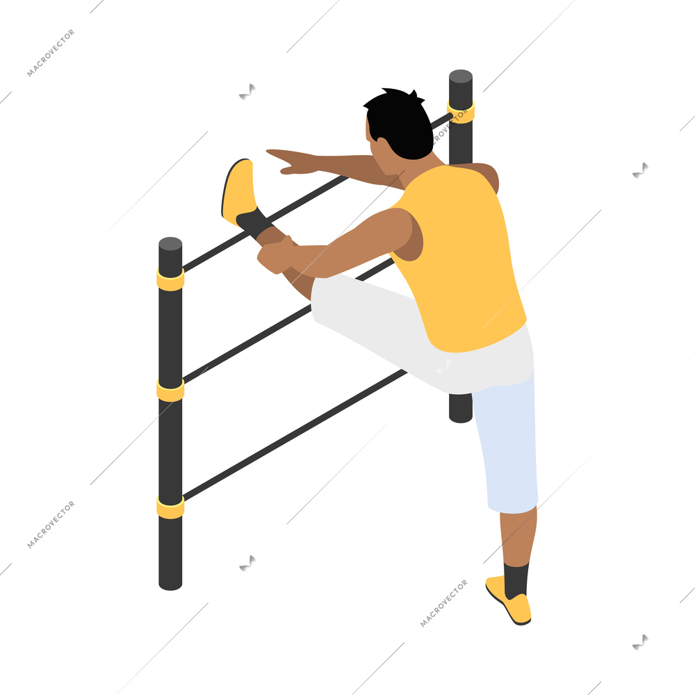 Street workout isometric composition with human character performing warm up exercise on sports equipment vector illustration