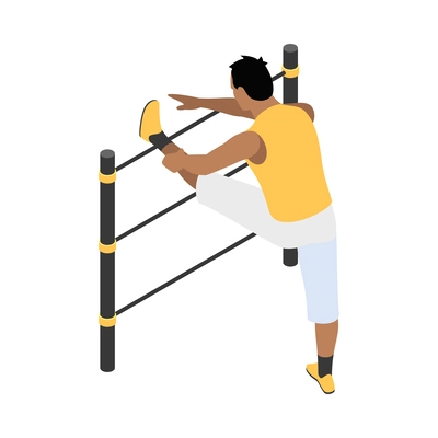 Street workout isometric composition with human character performing warm up exercise on sports equipment vector illustration