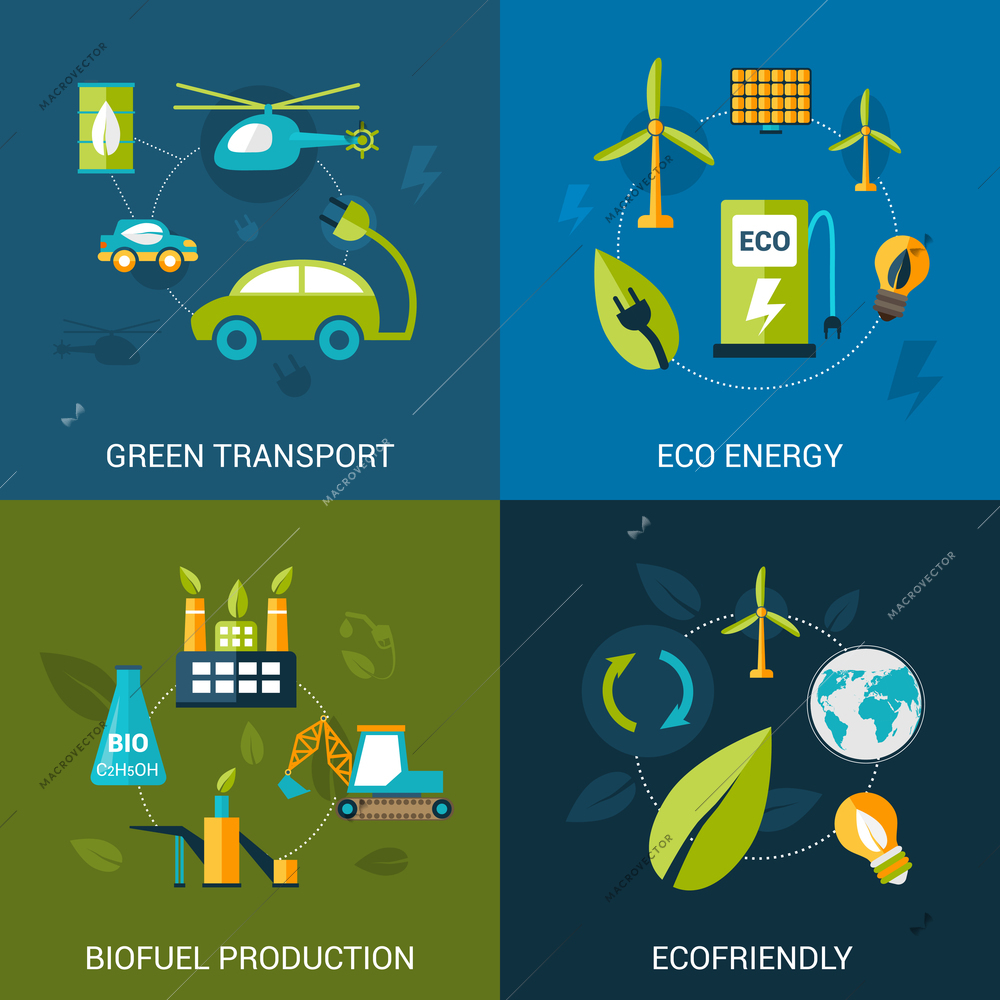 Bio fuel design concept set with green transport eco energy biofuel production flat icons isolated vector illustration