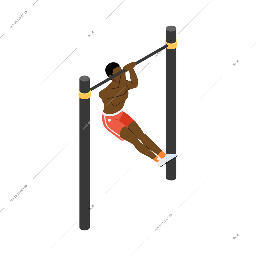 Street workout isometric composition with human character performing warm up exercise on sports equipment vector illustration