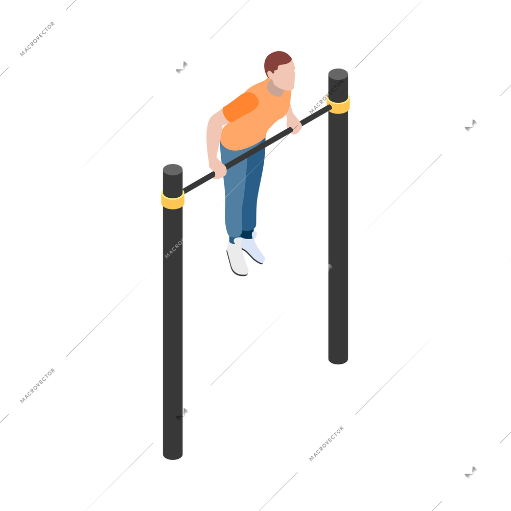 Street workout isometric composition with human character performing warm up exercise on sports equipment vector illustration