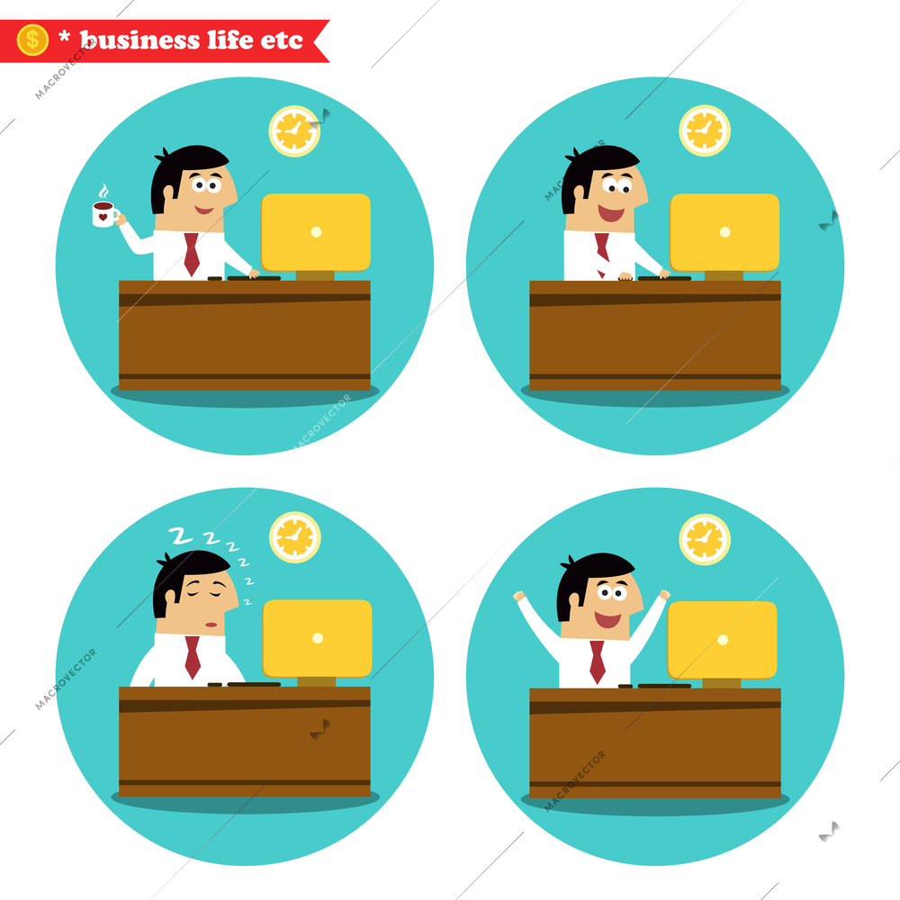 Business life. Office worker at the desk coffee break, achievement and sleeping set vector illustration