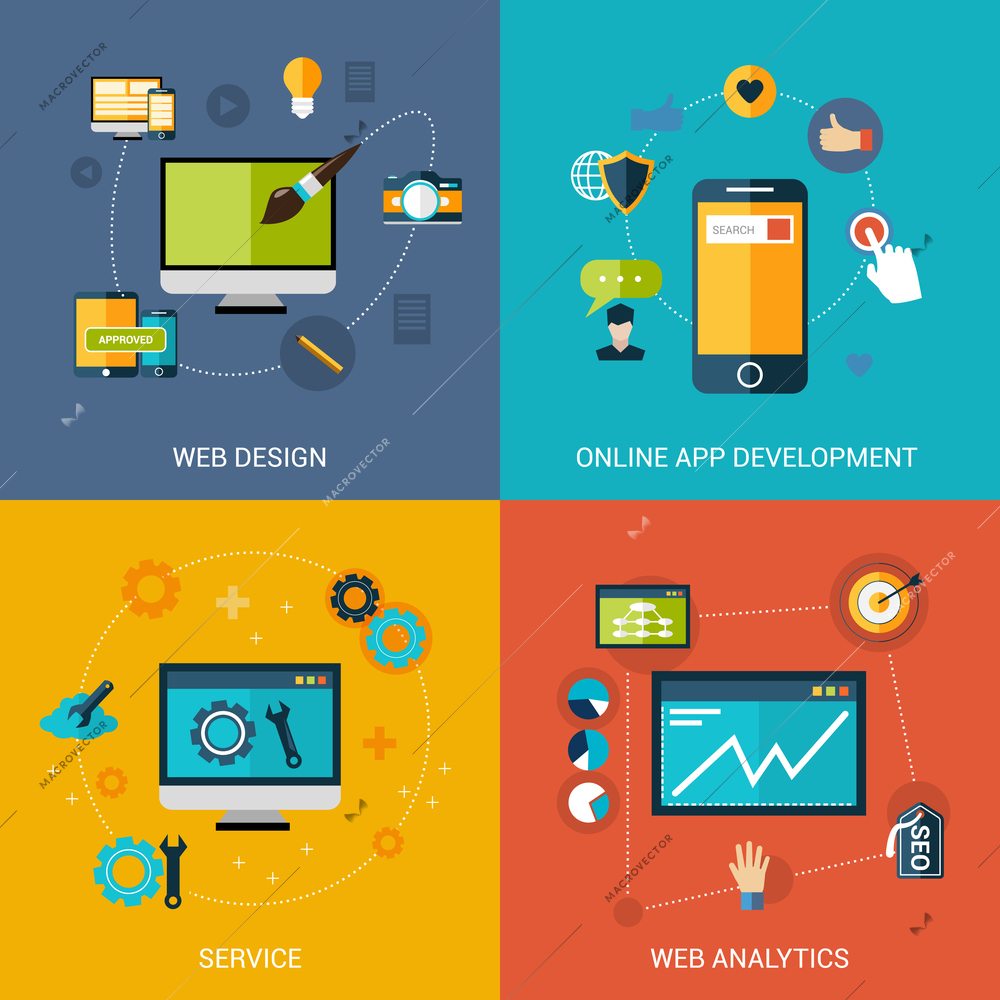 Web development design concept set with online apps analytic service isolated vector illustration