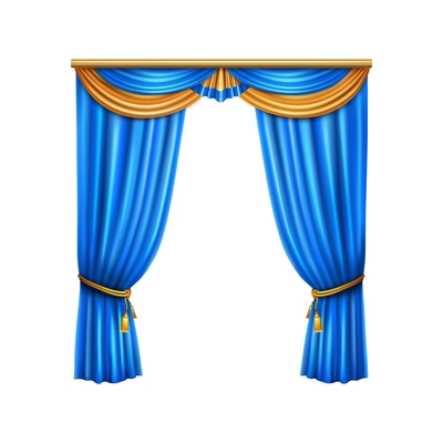 Luxury curtains realistic composition with blue and gold colors for home and theater interior vector illustration