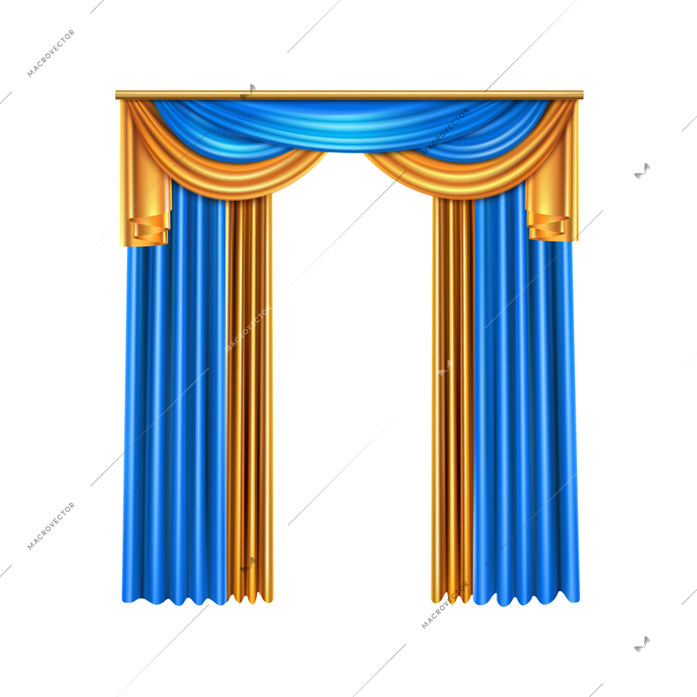 Luxury curtains realistic composition with blue and gold colors for home and theater interior vector illustration