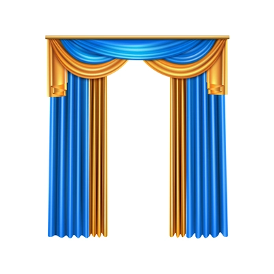 Luxury curtains realistic composition with blue and gold colors for home and theater interior vector illustration