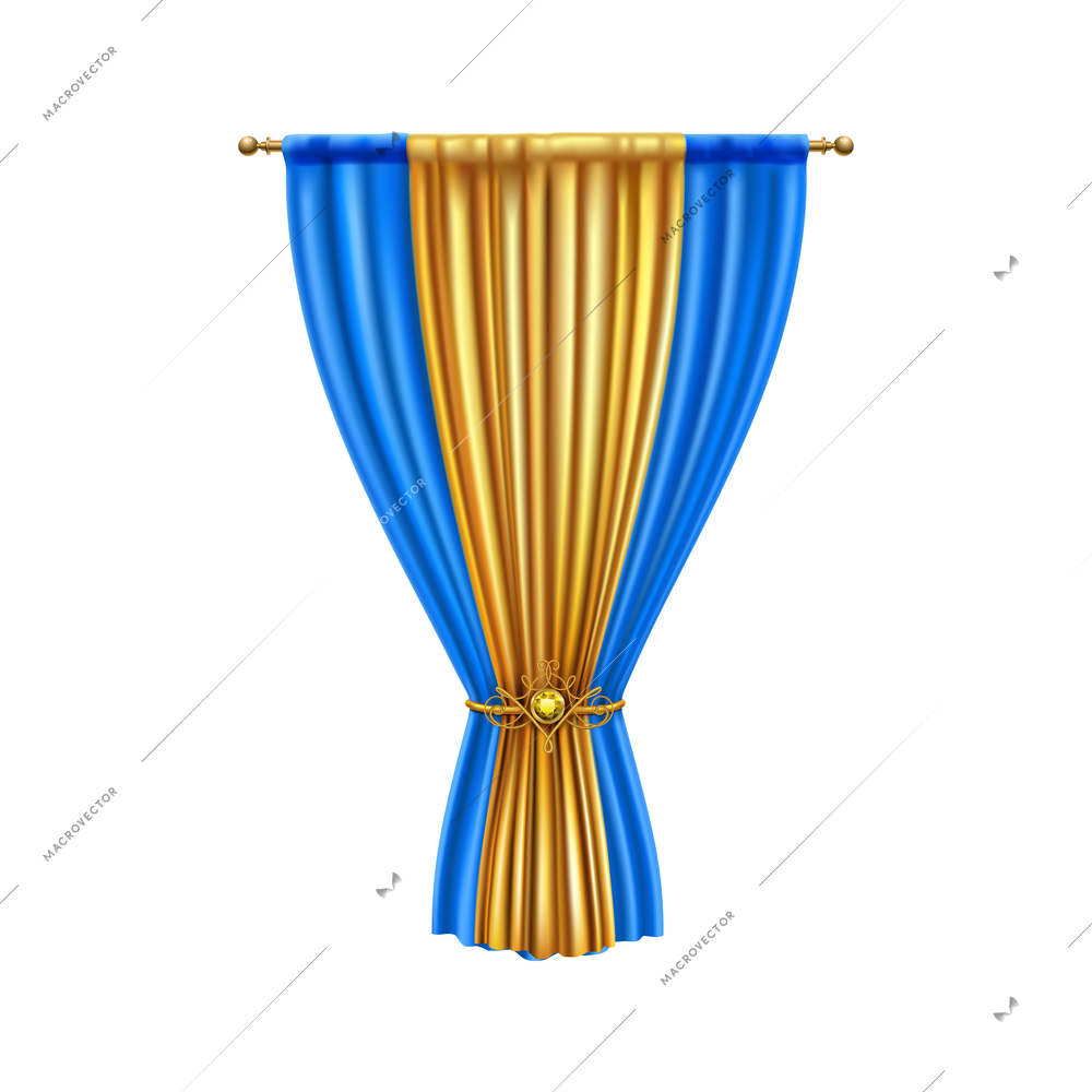 Luxury curtains realistic composition with blue and gold colors for home and theater interior vector illustration