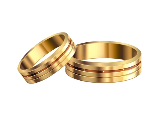 Gold wedding rings composition with realistic isolated noble metal with diamonds and jewelry vector illustration