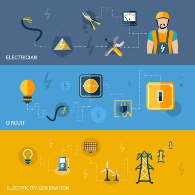 Electricity flat banners set with electrician circuit generation elements isolated vector illustration