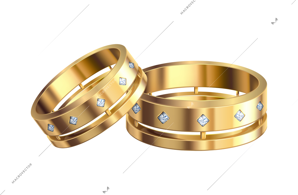 Gold wedding rings composition with realistic isolated noble metal with diamonds and jewelry vector illustration