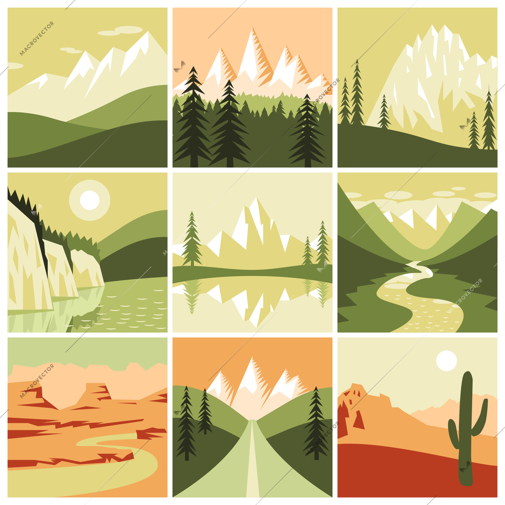 Nature mountain landscapes tourism decorative icons set isolated vector illustration