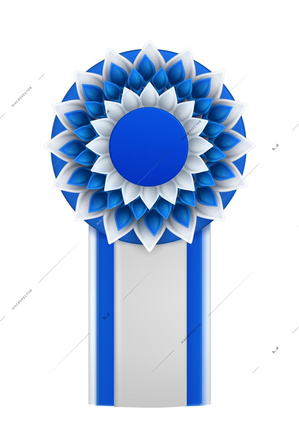 Blue badges rosettes award realistic composition with isolated view of ornate paper badge vector illustration