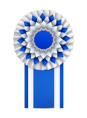 Blue badges rosettes award realistic composition with isolated view of ornate paper badge vector illustration