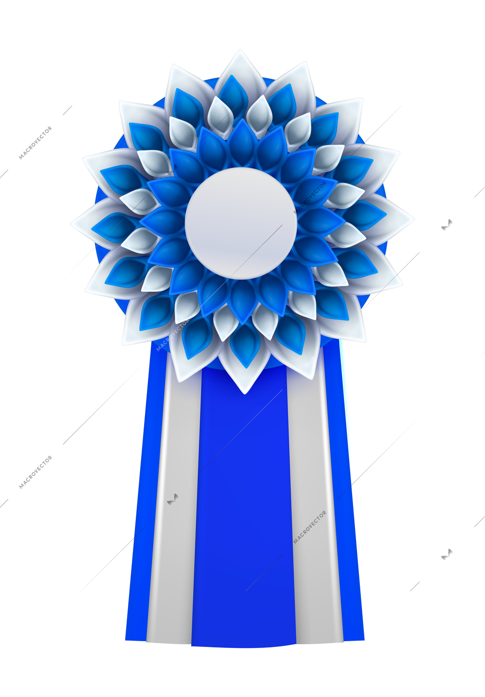 Blue badges rosettes award realistic composition with isolated view of ornate paper badge vector illustration