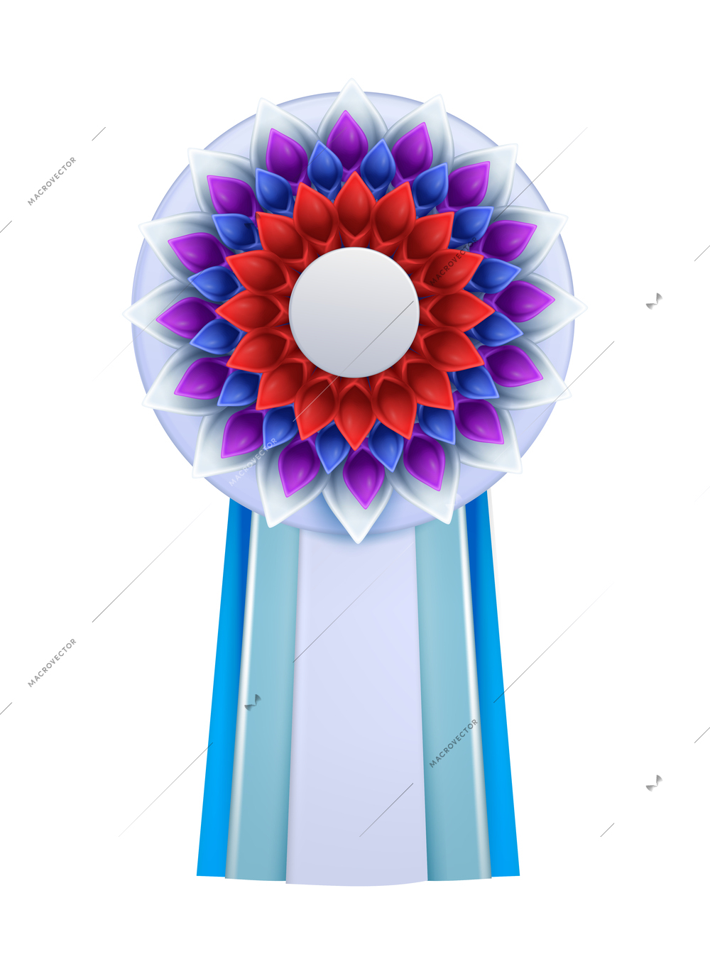 Colorful badges rosettes award realistic composition with isolated view of ornate paper badge vector illustration