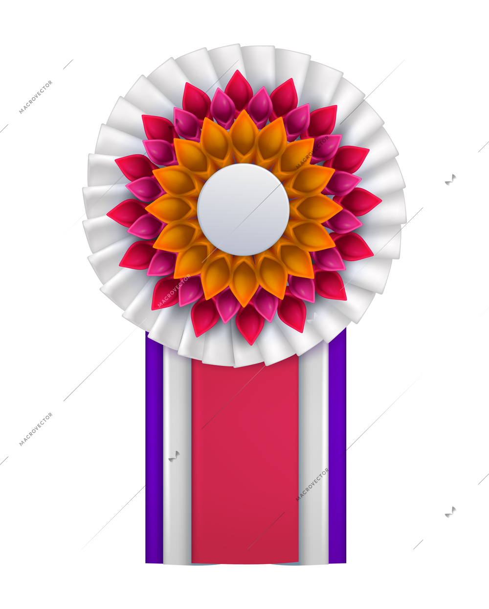 Colorful badges rosettes award realistic composition with isolated view of ornate paper badge vector illustration