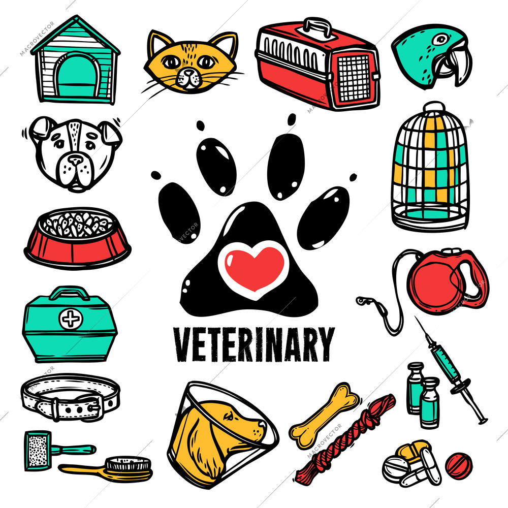 Veterinary pet health care hand drawn decorative icon set vector illustration