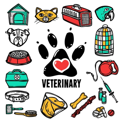 Veterinary pet health care hand drawn decorative icon set vector illustration