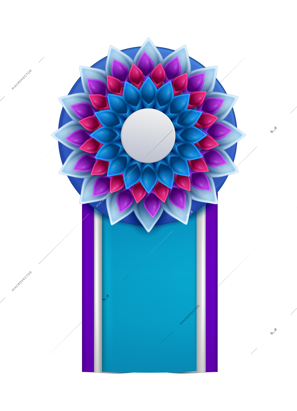 Colorful badges rosettes award realistic composition with isolated view of ornate paper badge vector illustration