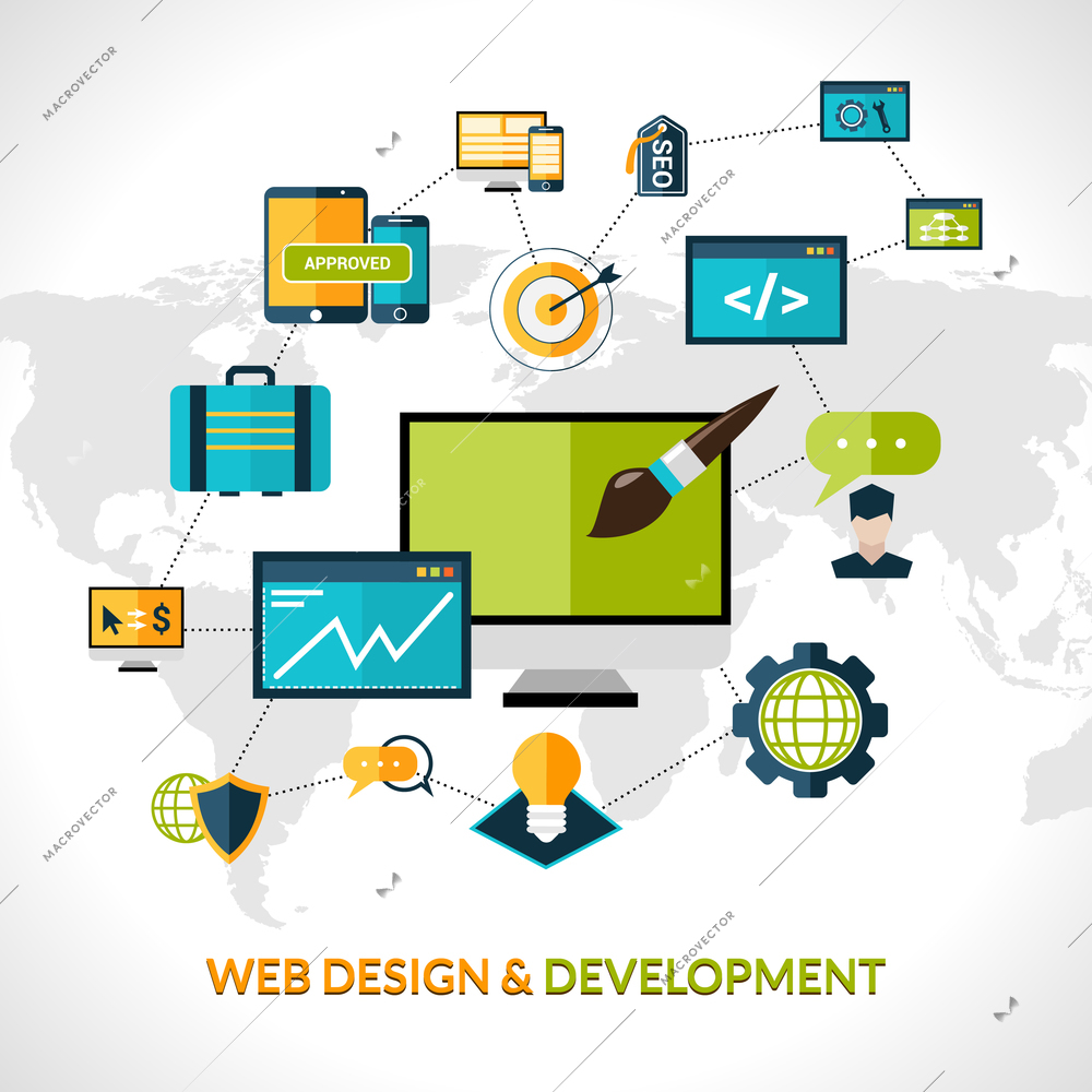 Web development composition with website optimization elements and world map vector illustration