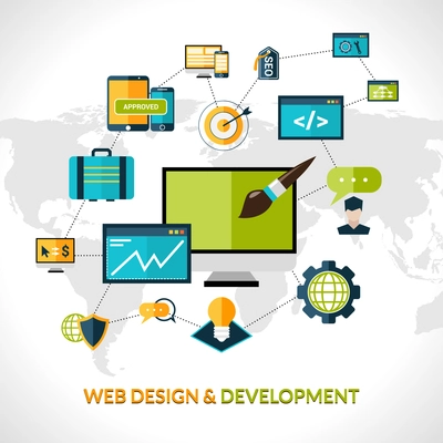 Web development composition with website optimization elements and world map vector illustration