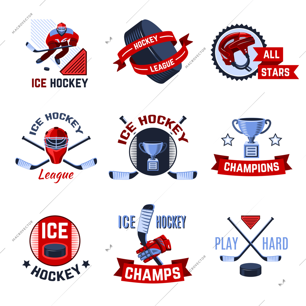 Ice hockey sport league champions emblems set isolated vector illustration