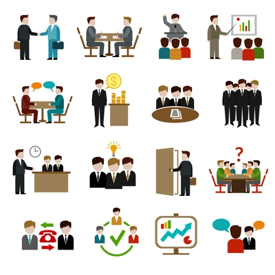 Meeting icons set with business teamwork corporate training and presentation symbols isolated vector illustration