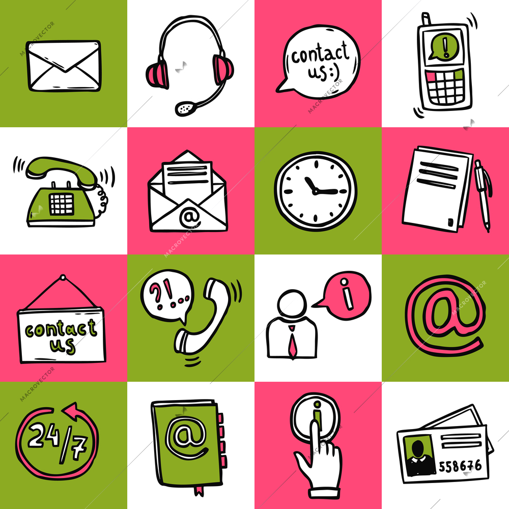 Contact us helpdesk telephone hotline service sketch icons set isolated vector illustration