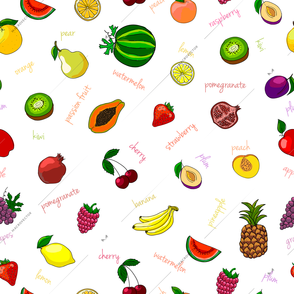 Fresh fruits seamless pattern with pear watermelon kiwi and garnet vector illustration