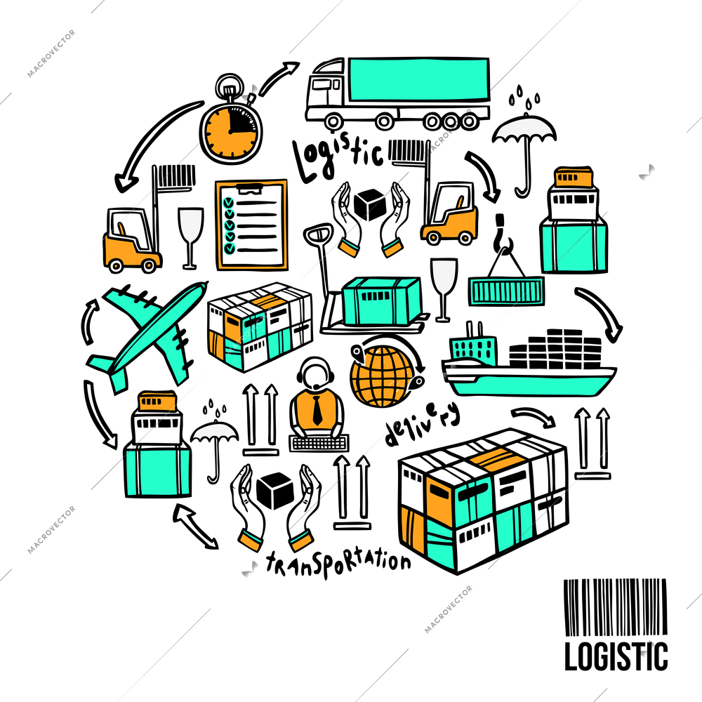 Logistic sketch concept with shipping icons and bar code vector illustration