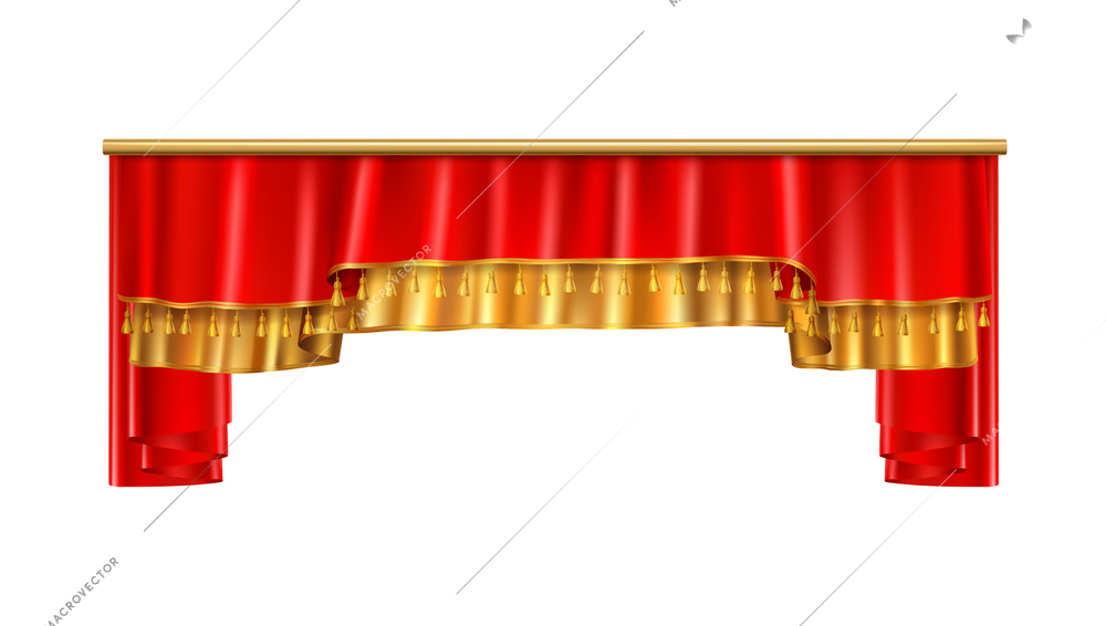 Luxury curtains realistic composition with red and gold colors for theater interior vector illustration