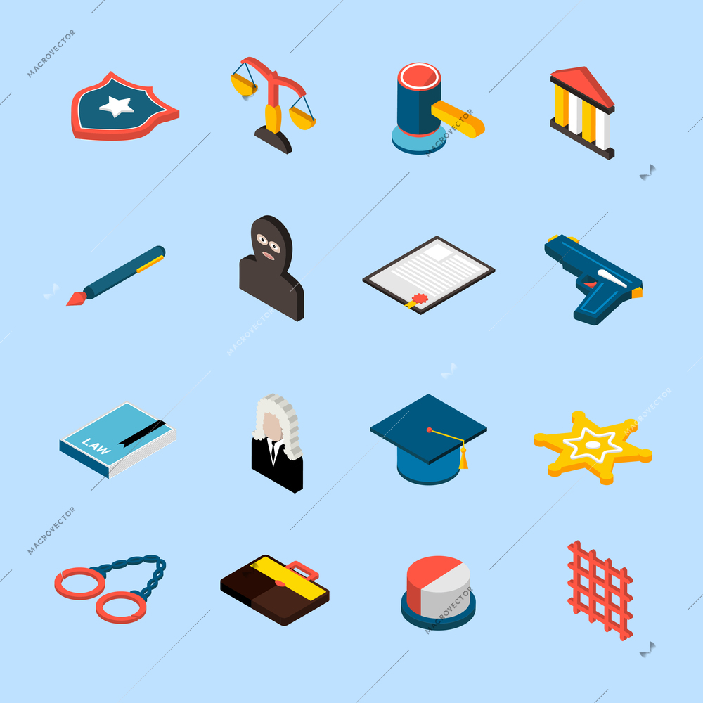 Law and judgment icons isometric set with jury attorney handcuffs isolated vector illustration