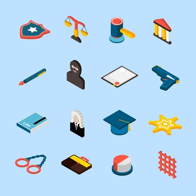 Law and judgment icons isometric set with jury attorney handcuffs isolated vector illustration
