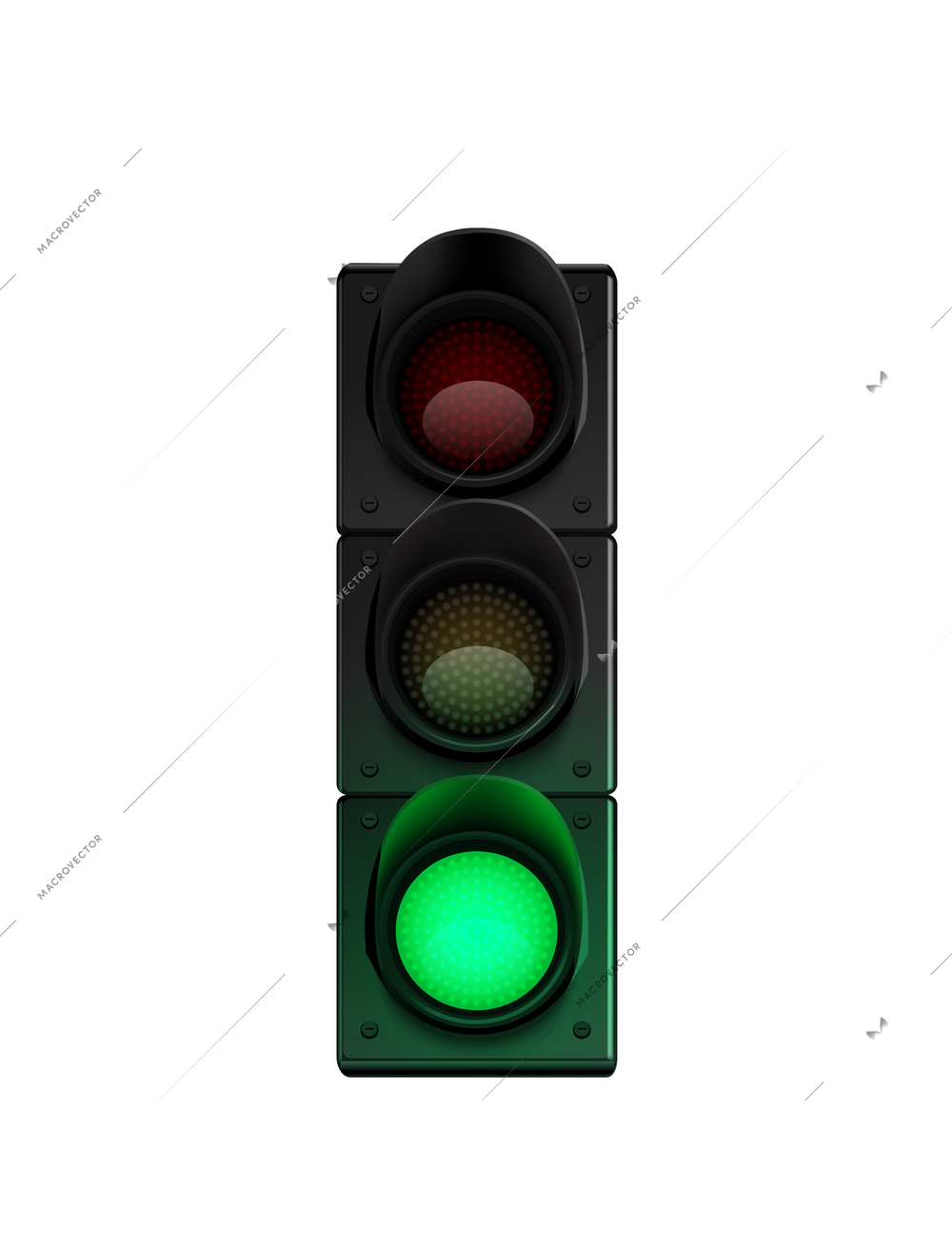 Traffic lights realistic composition with traffic light icon with glowing light on blank background vector illustration