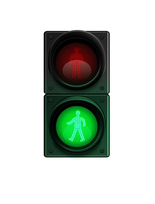 Traffic lights realistic composition with traffic light icon with glowing light on blank background vector illustration