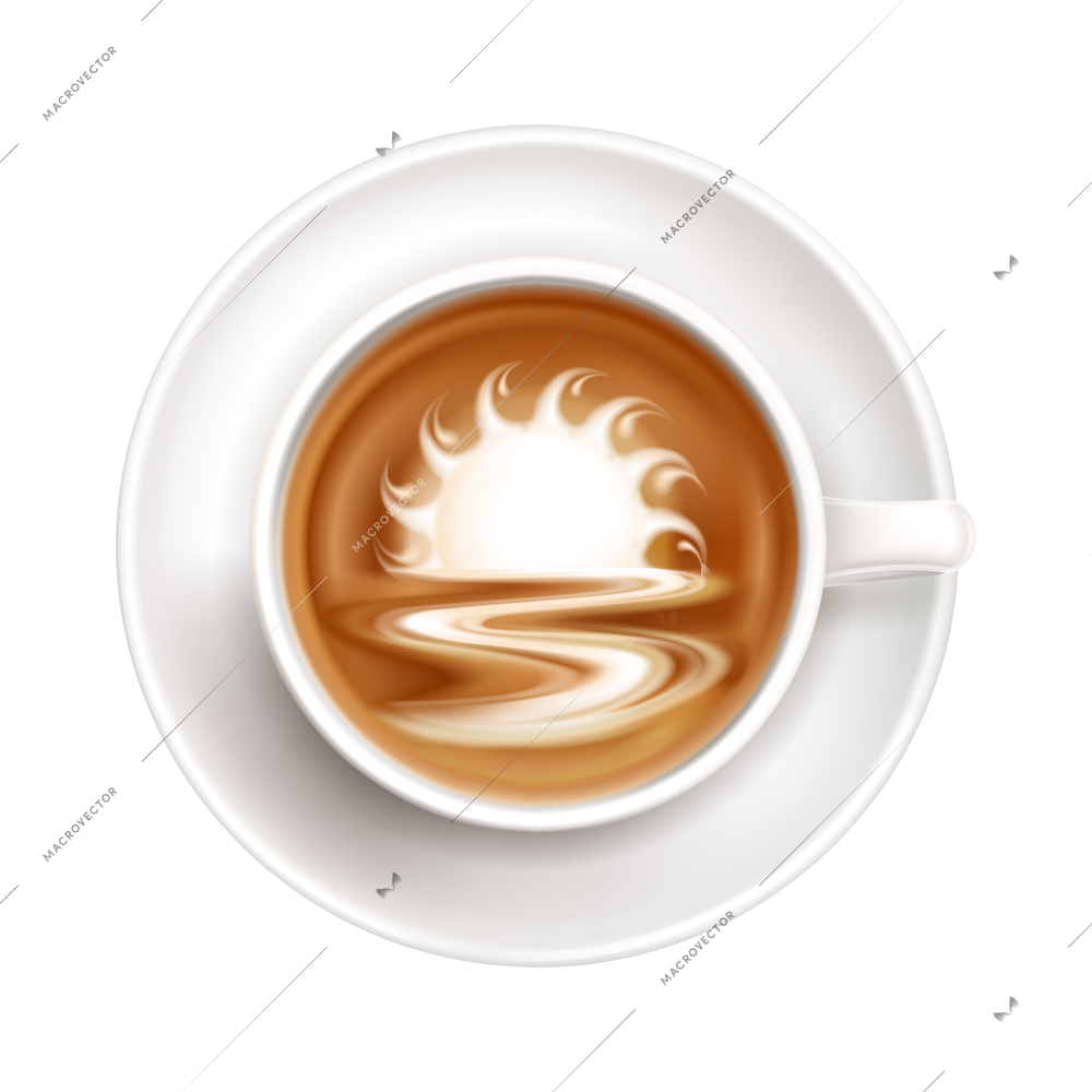 Colored latte art top view composition set image of coffee cup with art in mug on blank background vector illustration