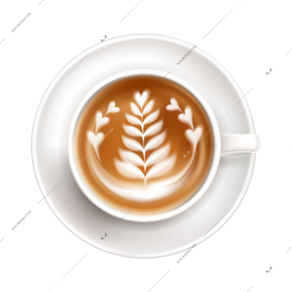 Colored latte art top view composition set image of coffee cup with art in mug on blank background vector illustration