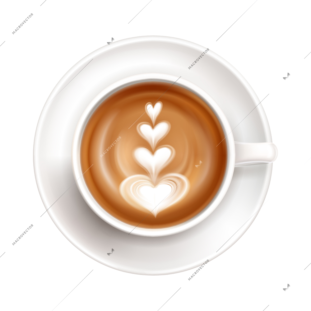 Colored latte art top view composition set image of coffee cup with art in mug on blank background vector illustration