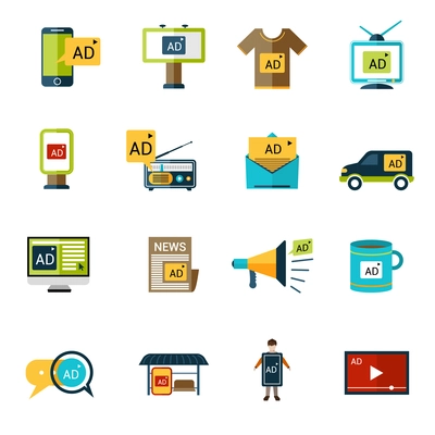 Advertising multimedia target publishing icons set with billboards and signage isolated vector illustration