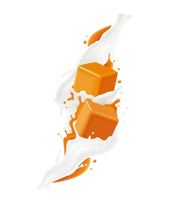 Colored realistic splashes caramel composition with milk stream and sweet cubes vector illustration