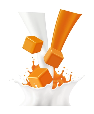 Colored realistic splashes caramel composition with milk stream and sweet cubes vector illustration