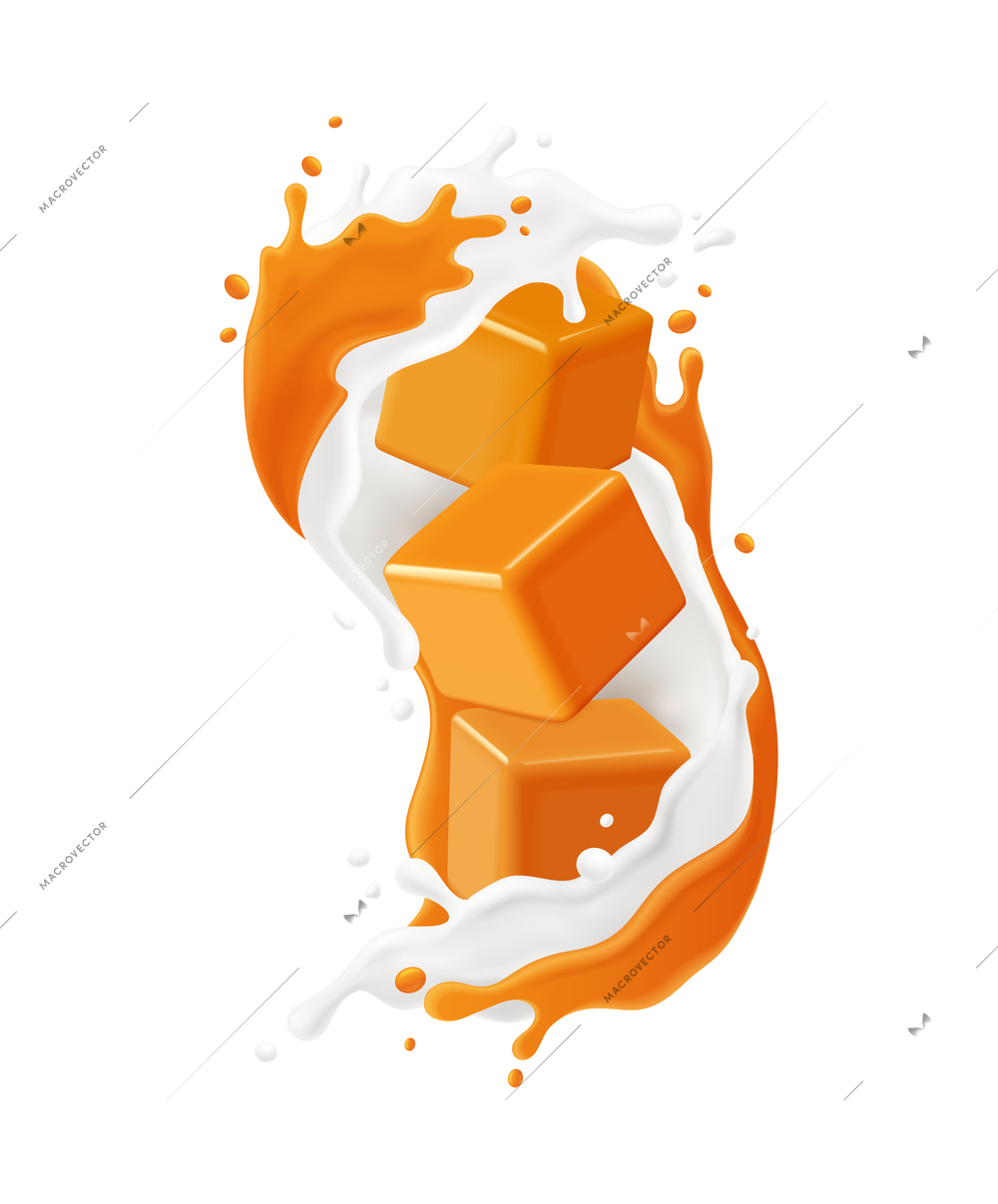 Colored realistic splashes caramel composition with milk stream and sweet cubes vector illustration