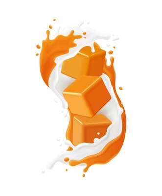 Colored realistic splashes caramel composition with milk stream and sweet cubes vector illustration