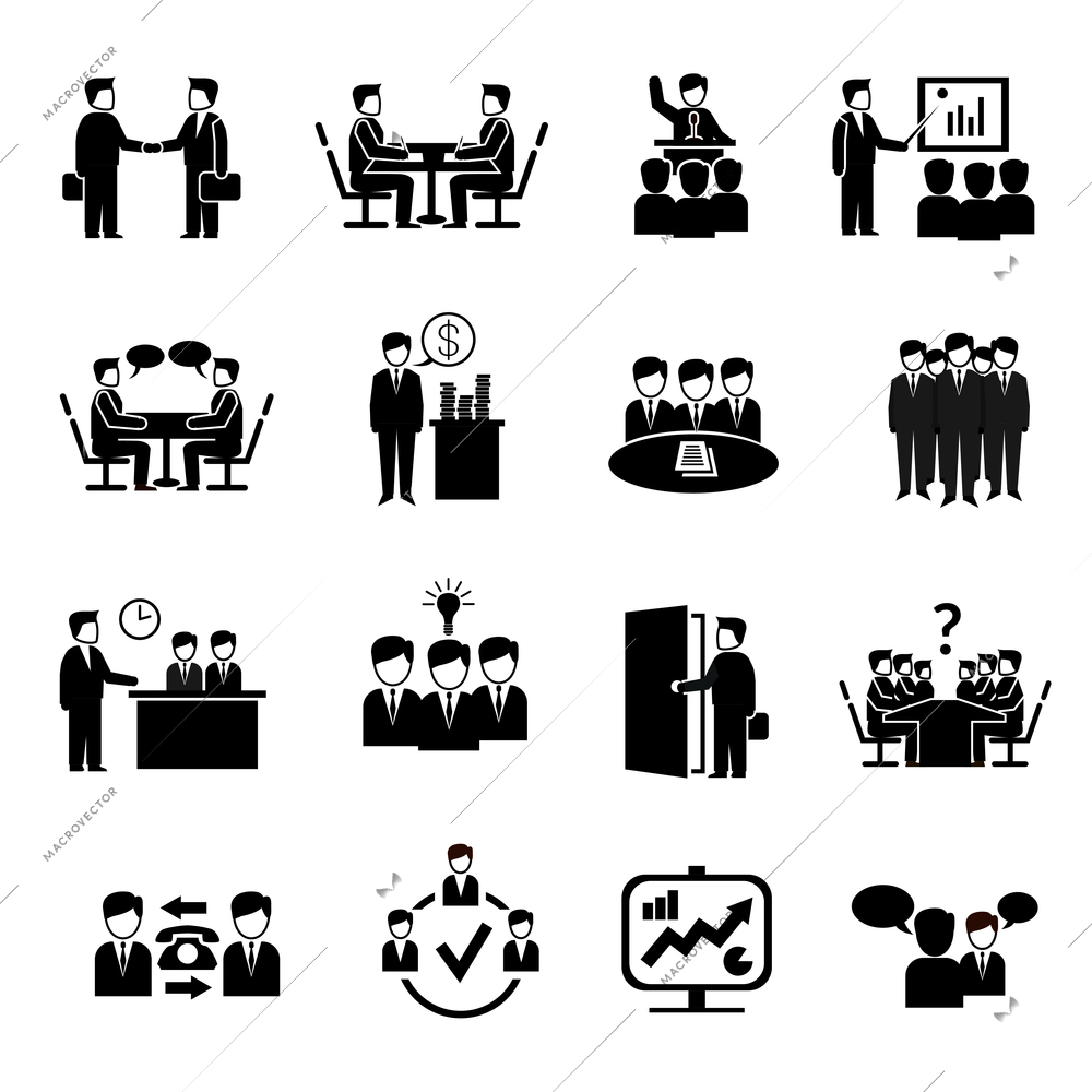 Meeting icons set with business people discussion management brainstorming symbols isolated vector illustration