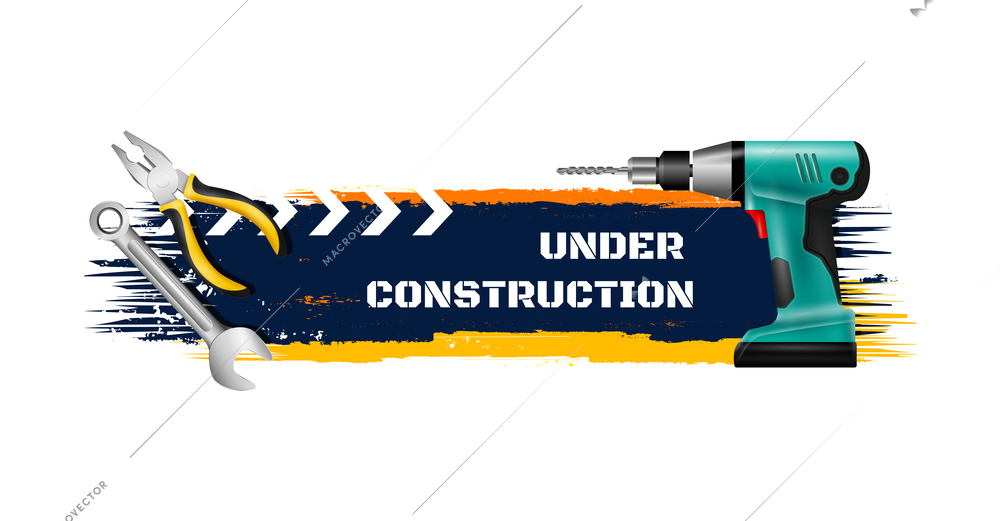 Under construction grunge banner with maintenance line text and realistic icons vector illustration