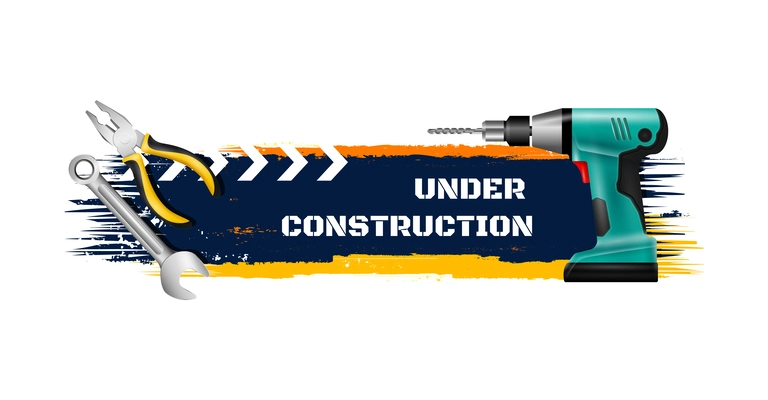 Under construction grunge banner with maintenance line text and realistic icons vector illustration