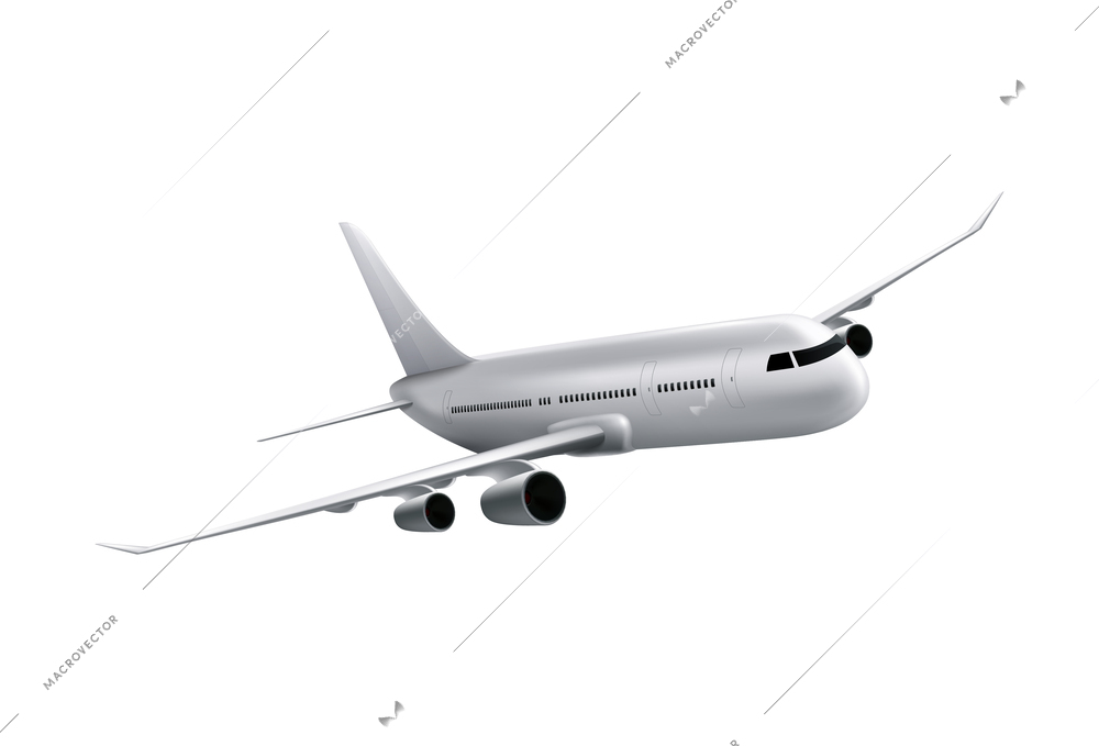 Civil aircraft realistic identity composition of white airplane flying on blank background isolated vector illustration