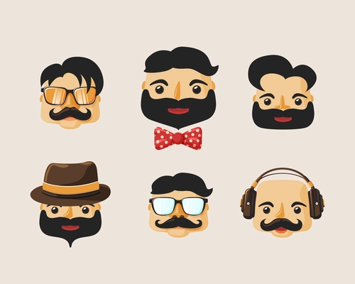 Hipster characters pack with facial emotions and retro hair styles isolated vector illustration